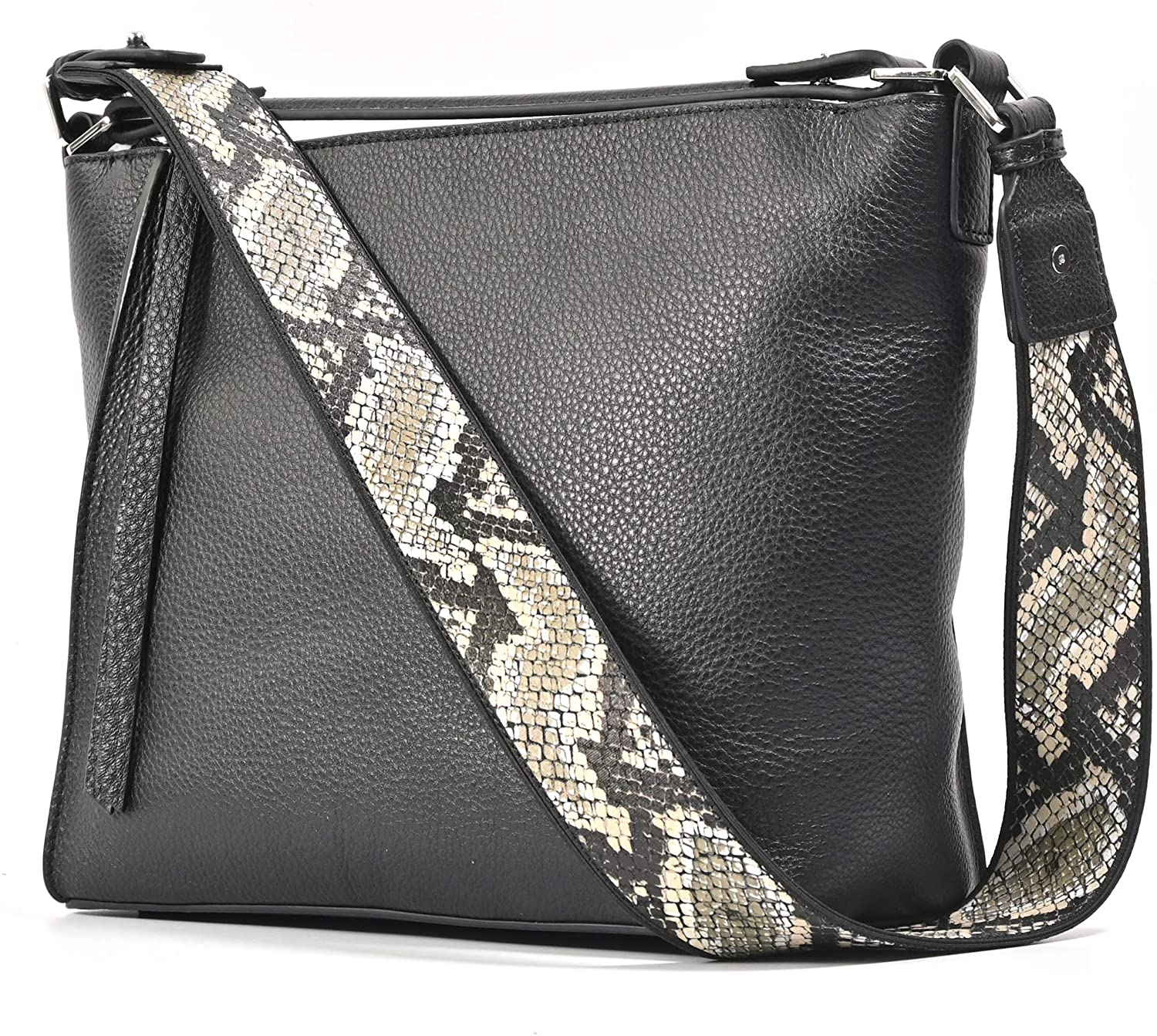 Price:$68.99    KZNI Genuine Leather Hobo Handbags, Crossbody Bag, Leather Handbags for Women Shoulder Bag ，Color strip shoulder strap,Large (Black)  Clothing
