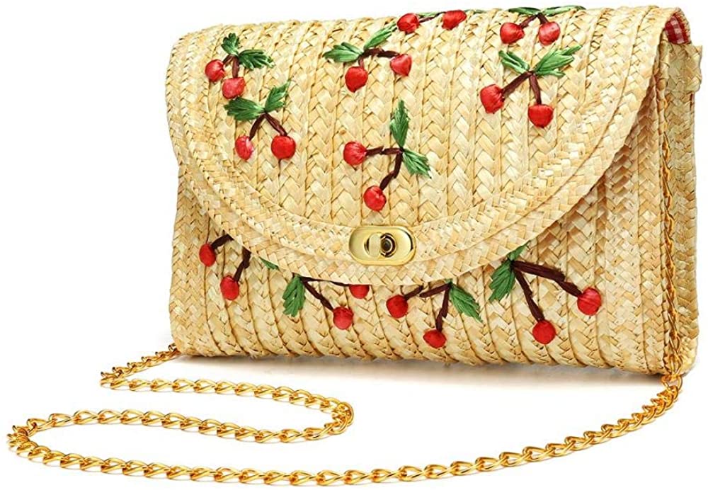 Price:$10.99 YYW Straw Crossbody Bag, Women Fruit Banana Cherry Crochet Shoulder Bag Fringe Fashion Clutch Purse for Summer Beach (Cherry)  Handbags   