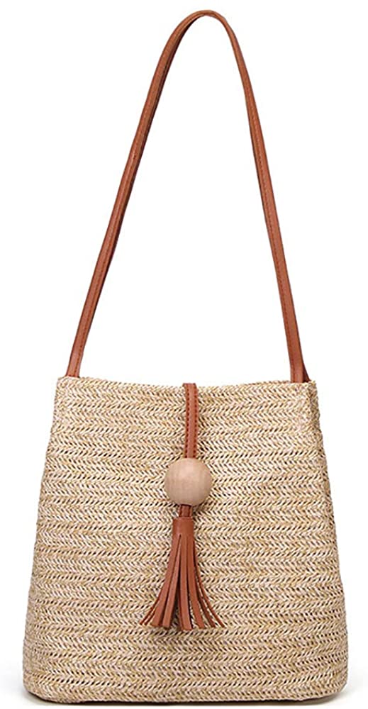 Price:$17.99 AMHDV Summer Straw Shoulder Handbag - Women's Tassel Bucket Straw Bag  Handbags   