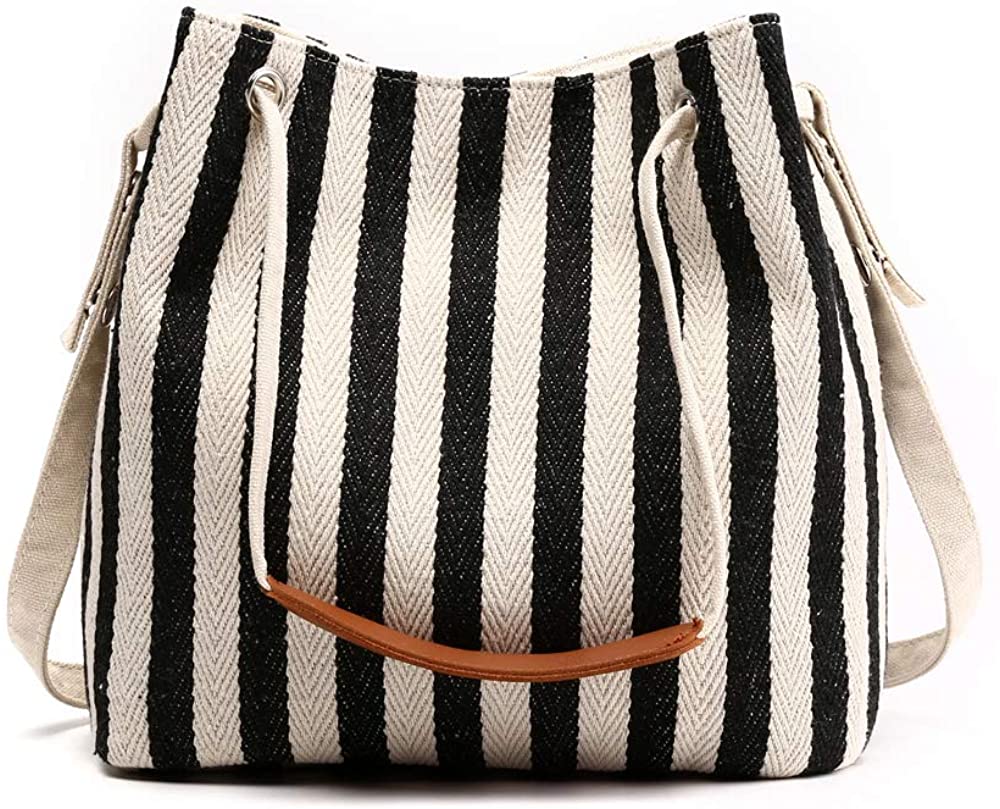 Price:$21.99    Canvas Tote Bag Women Casual Stripe Canvas Handbags Shoulder Bags Retro Crossbody Fashion Messenger Bag (Black)  Clothing