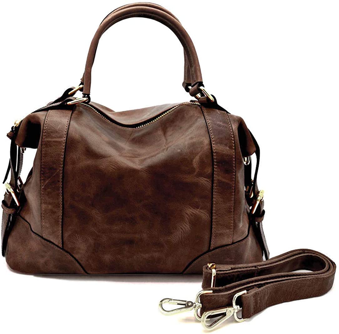 Price:$116.87    La Poet Women's Waxed Cowhide Leather Satchel Handbags Shoulder Bag Top-Handle (Brown)  Clothing