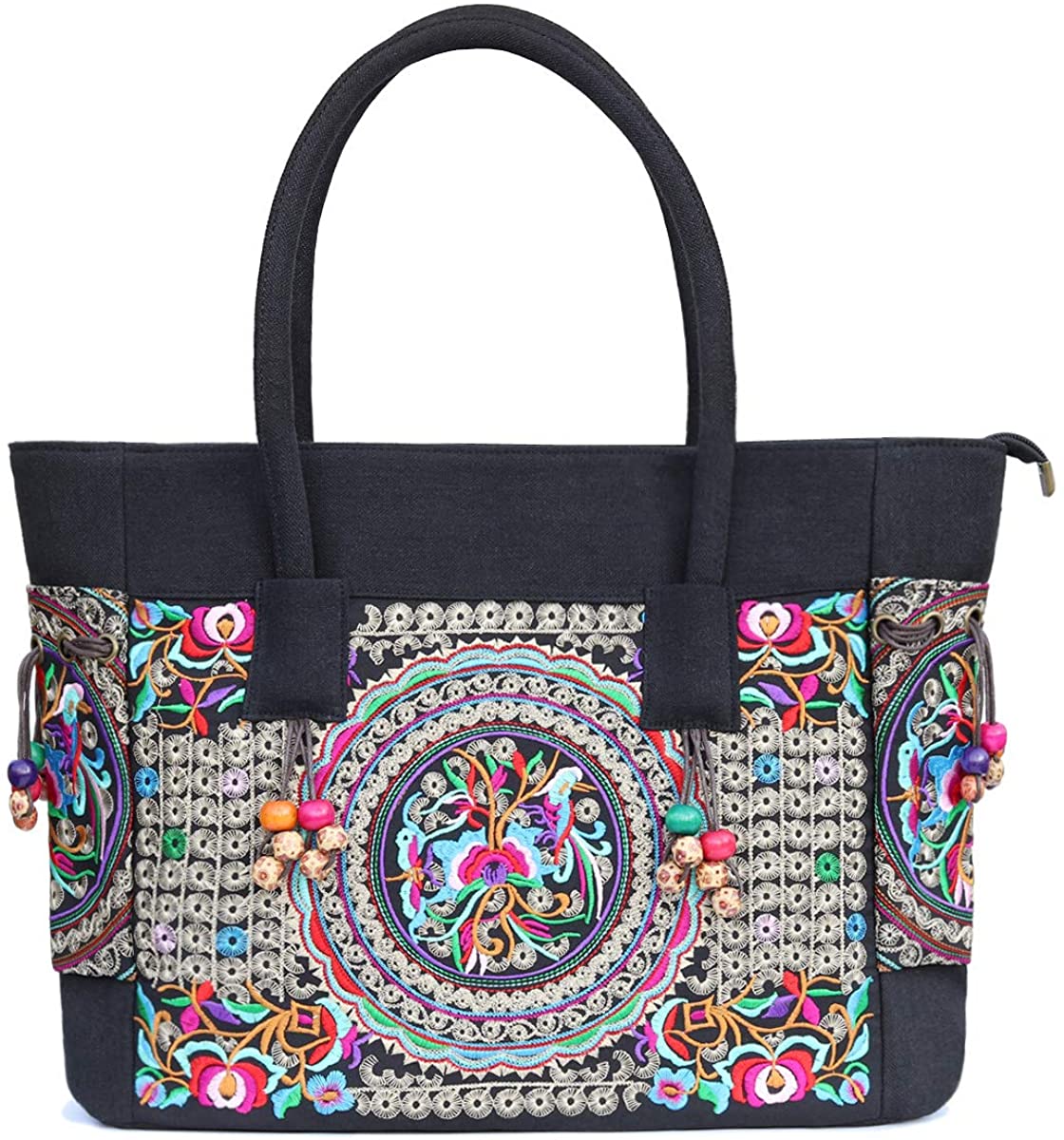 Price:$23.99    Silkarea Embroidered Large Canvas Tote Bag for Women with Zipper Handmade Retro Handbag Shoulder Bag (Black)  Clothing