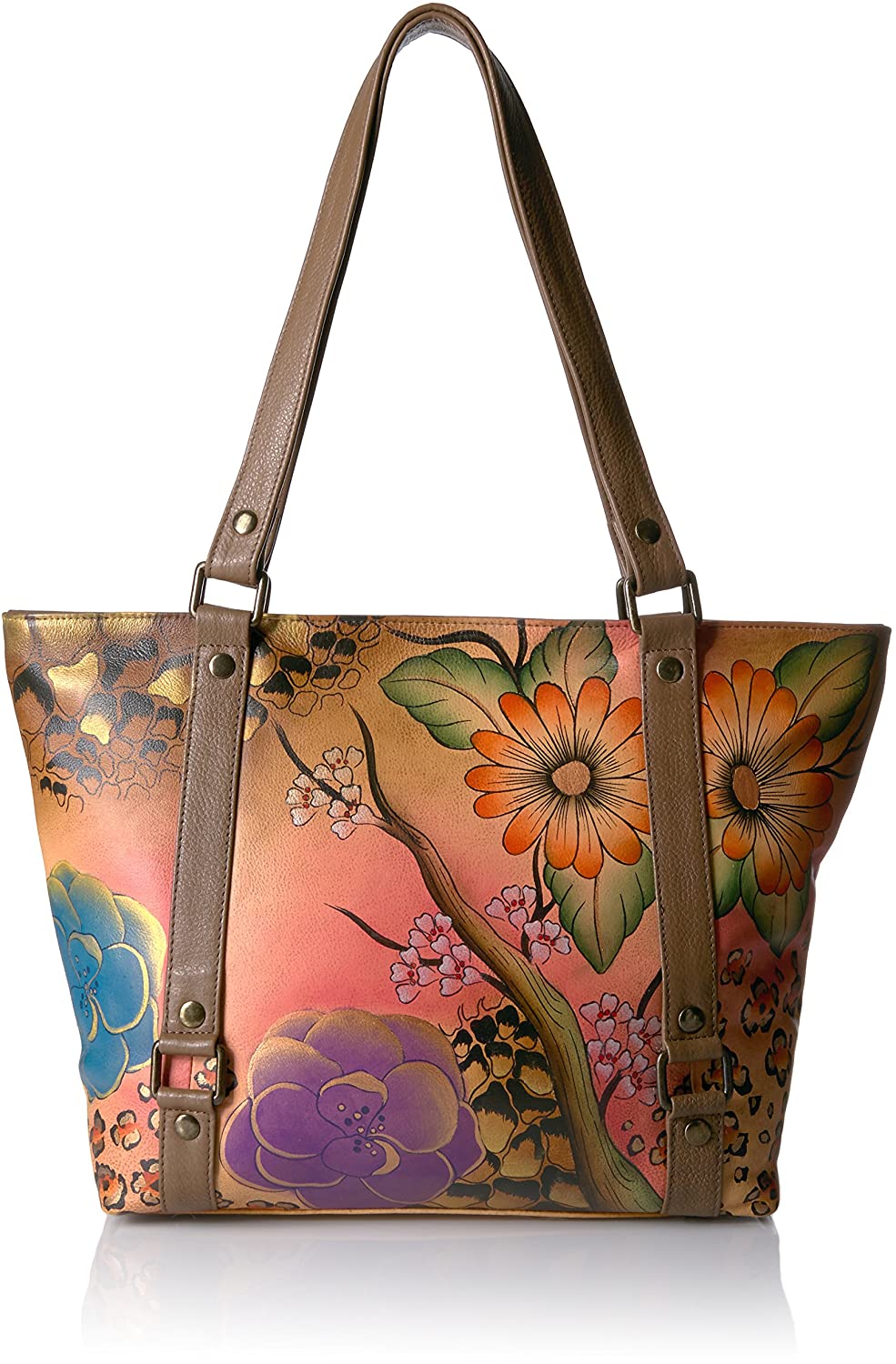 Price:$200.86 Anna by Anuschka Women's Genuine Leather Classic Large Tote | Hand Painted Original Artwork | Zip-Top Handbag |Floral Safari Brown  Handbags   