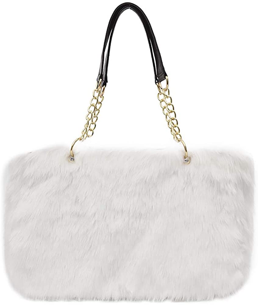 Price:$25.99    QZUnique Women's Faux Fur Handbag Large Capacity Plush Tote Shoulder Bag Zipper Purse White  Clothing