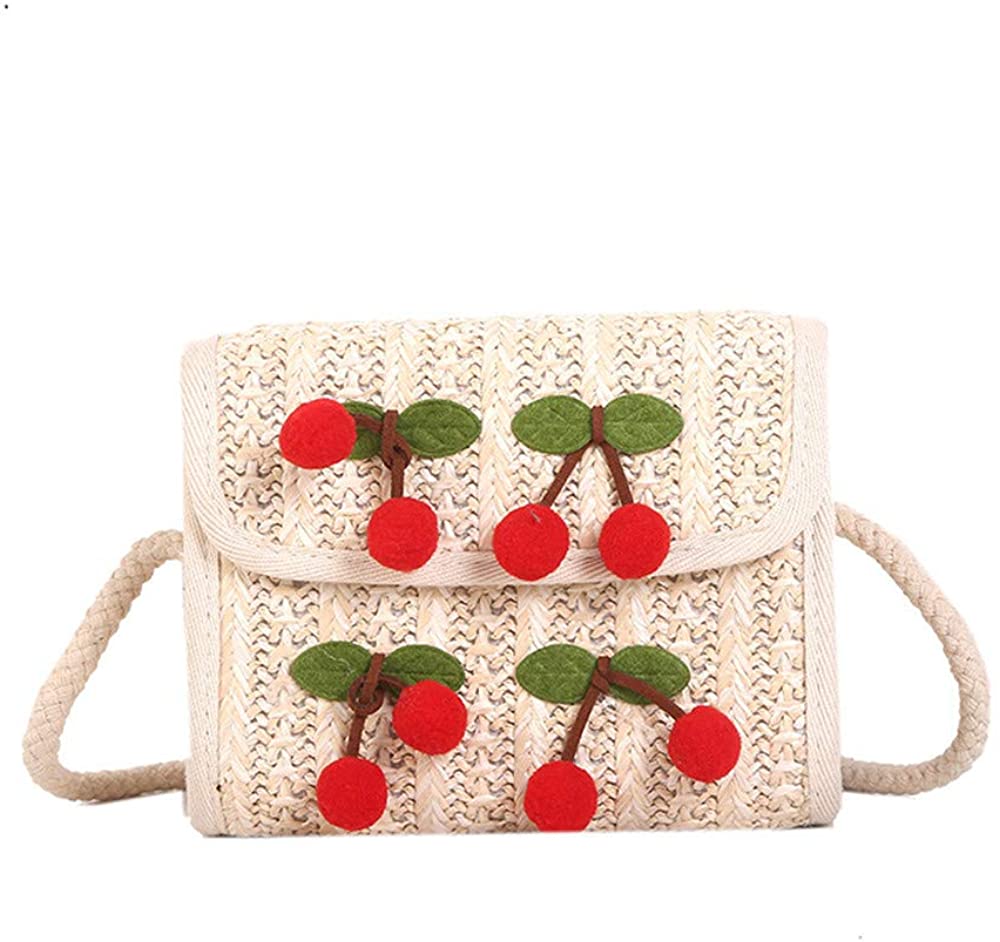 Price:$7.99 Beach Straw Woven Cherry Shoulder bags Women Casual Handbags Chain Small Crossbody Messenger Bags Boho bolsas (White)  Handbags   