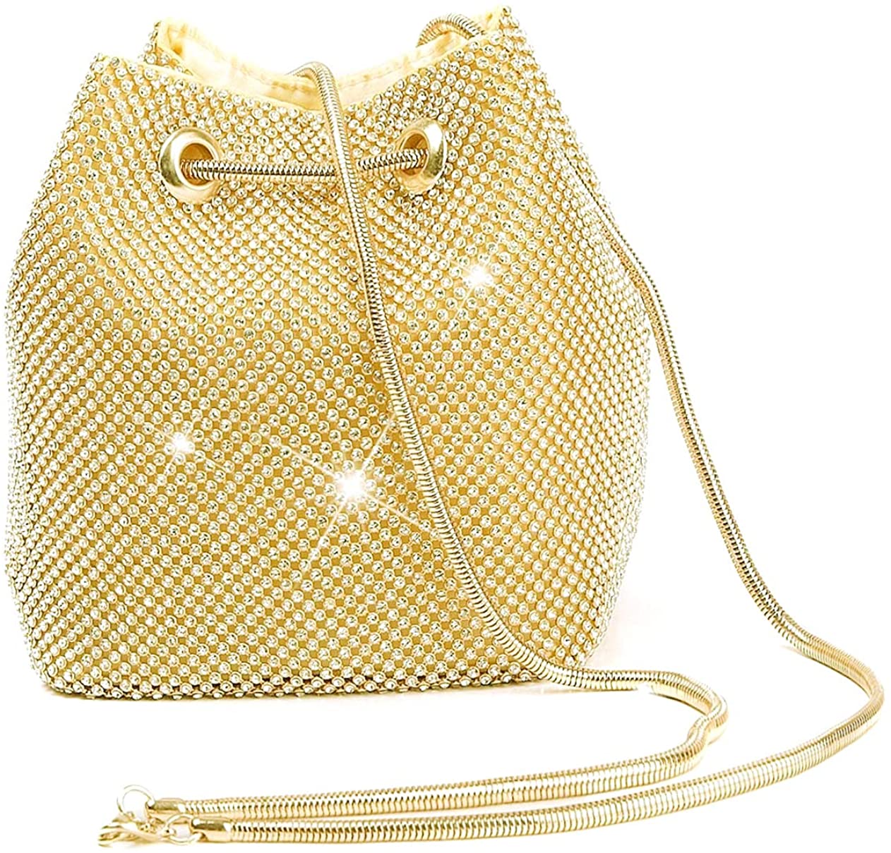 Price:$14.99 Selighting Rhinestones Crystal Clutch Evening Bags for Women Crossbody Shoulder Bucket Bags Prom Party Wedding Purses, Gold Bucket, One Size  Handbags   