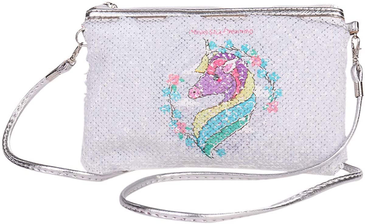 Price:$11.59 Girls' Glitter Reversible Sequins Crossbody Bag Unicorn Shoulder Bag Clutch Handbag with 2 Patterns  Handbags   