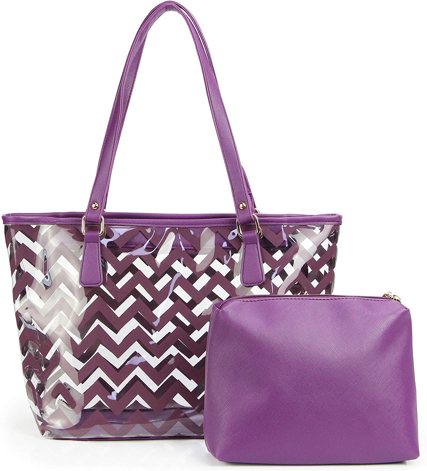 Price:$22.90    Clear Tote Bags with Full Chevron Stripe PVC Shoulder Handbag with Interior Pocket (Purple)  Clothing