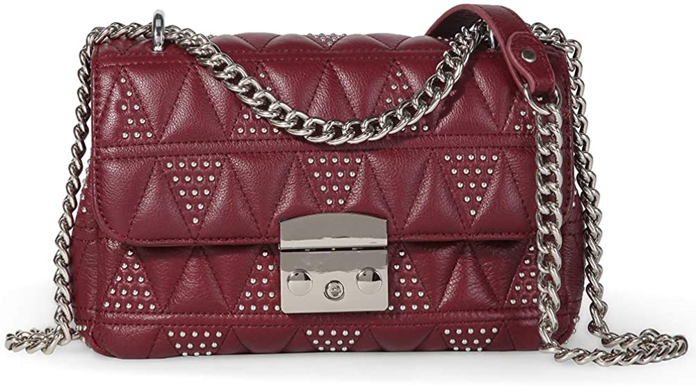 Price:$0.00    Crossbody Shoulder Bag for Women Leather Quilted Rivet Designer Handbags Purse with Metal Chain Wine Red  Clothing