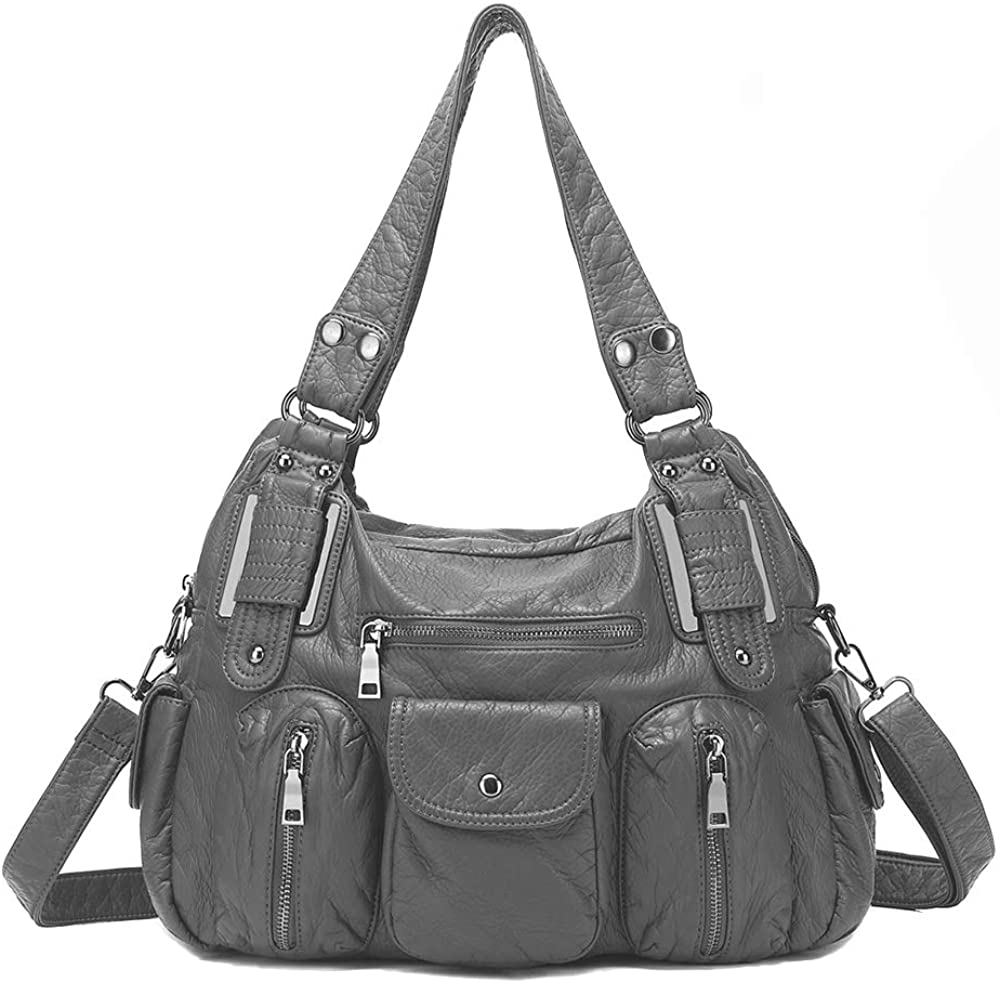 Price:$30.01    LL LOPPOP Handbags for Women Multi Pocket Purse Soft Vegan Leather Hobo Bag 203103 Grey  Clothing