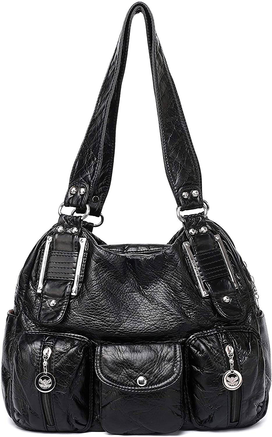 Price:$19.90    Fashion Handbag Hobo Women Multiple Pockets Shoulder Bag Soft Washed Leather Top-handle Handbag Ladies Purses (Black)  Clothing