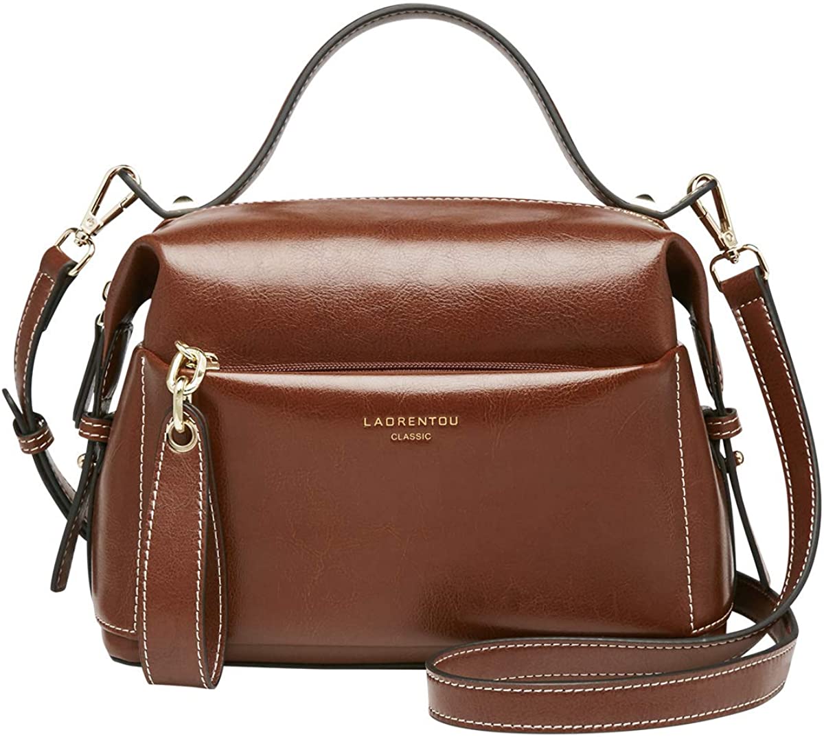 Price:$49.99 LAORENTOU Cowhide Leather Handbags and Purses for Women Designer Shoulder Bags Mini Tote Handle Purse Crossbody Bags (Brown)  Handbags   