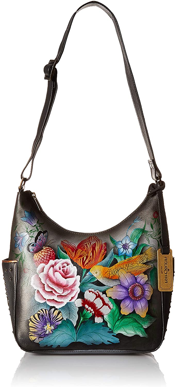 Price:$203.96    Anuschka Women's Genuine Leather Shoulder Bag | Hand Painted Original Artwork | Classic Hobo With Studded Side Pockets | Vintage Bouquet  Clothing