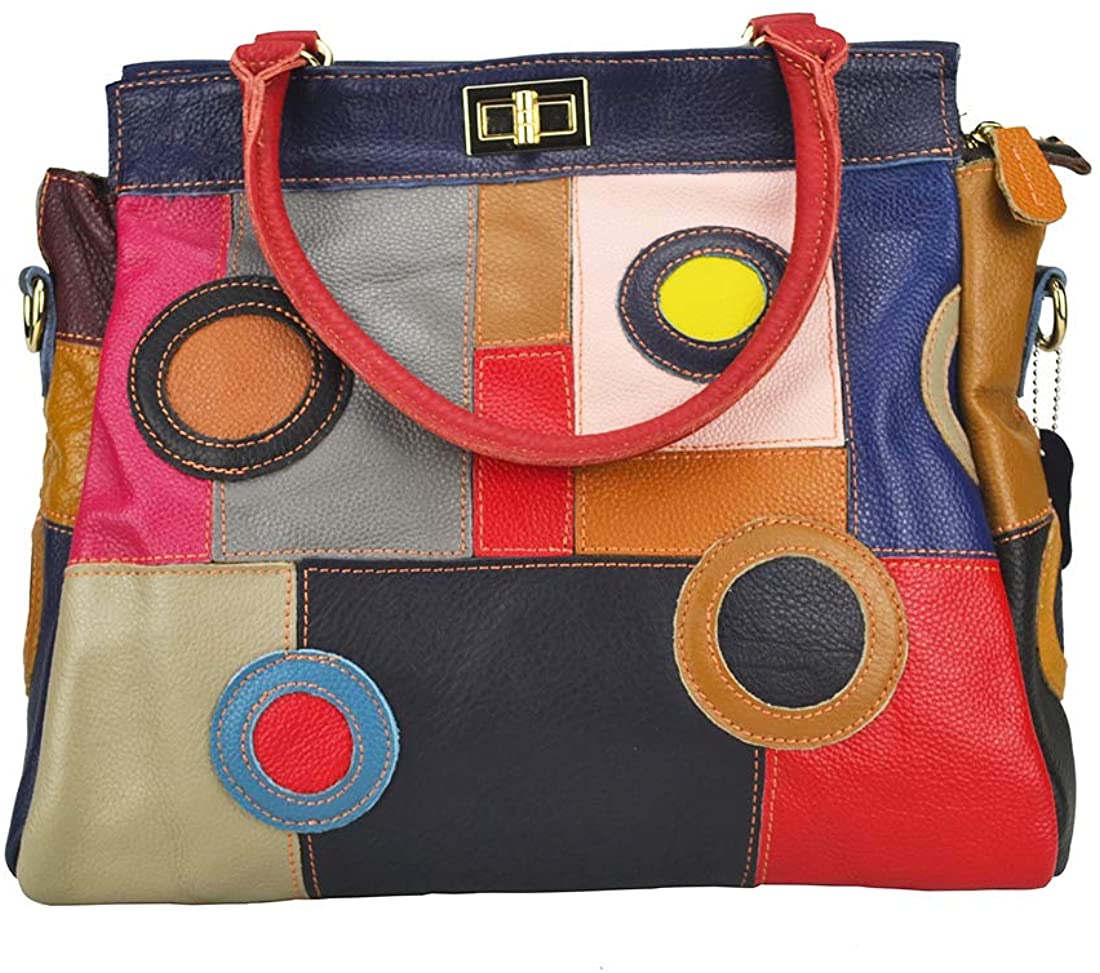 Price:$55.99    Women’s Multicolor Boston Bag Colorful Tote Leather Bag Unique Genuine Leather Handbag Designer Purse-Sibalasi(Circles)  Clothing