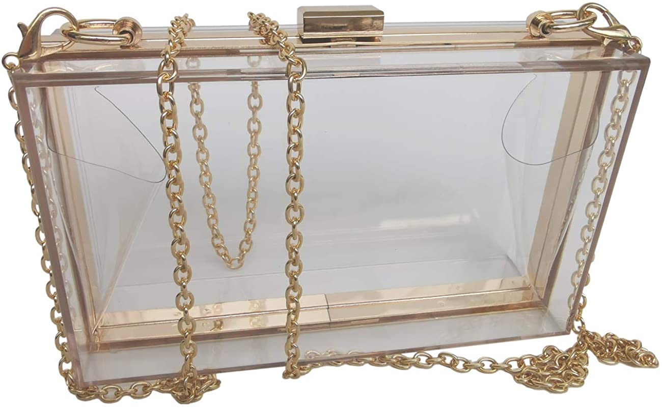 Price:$17.99 Women Acrylic Evening Clutches Box Purse Shoulder Bag Handbag with Detachable Gold Chain Strap, Transparent  Handbags   