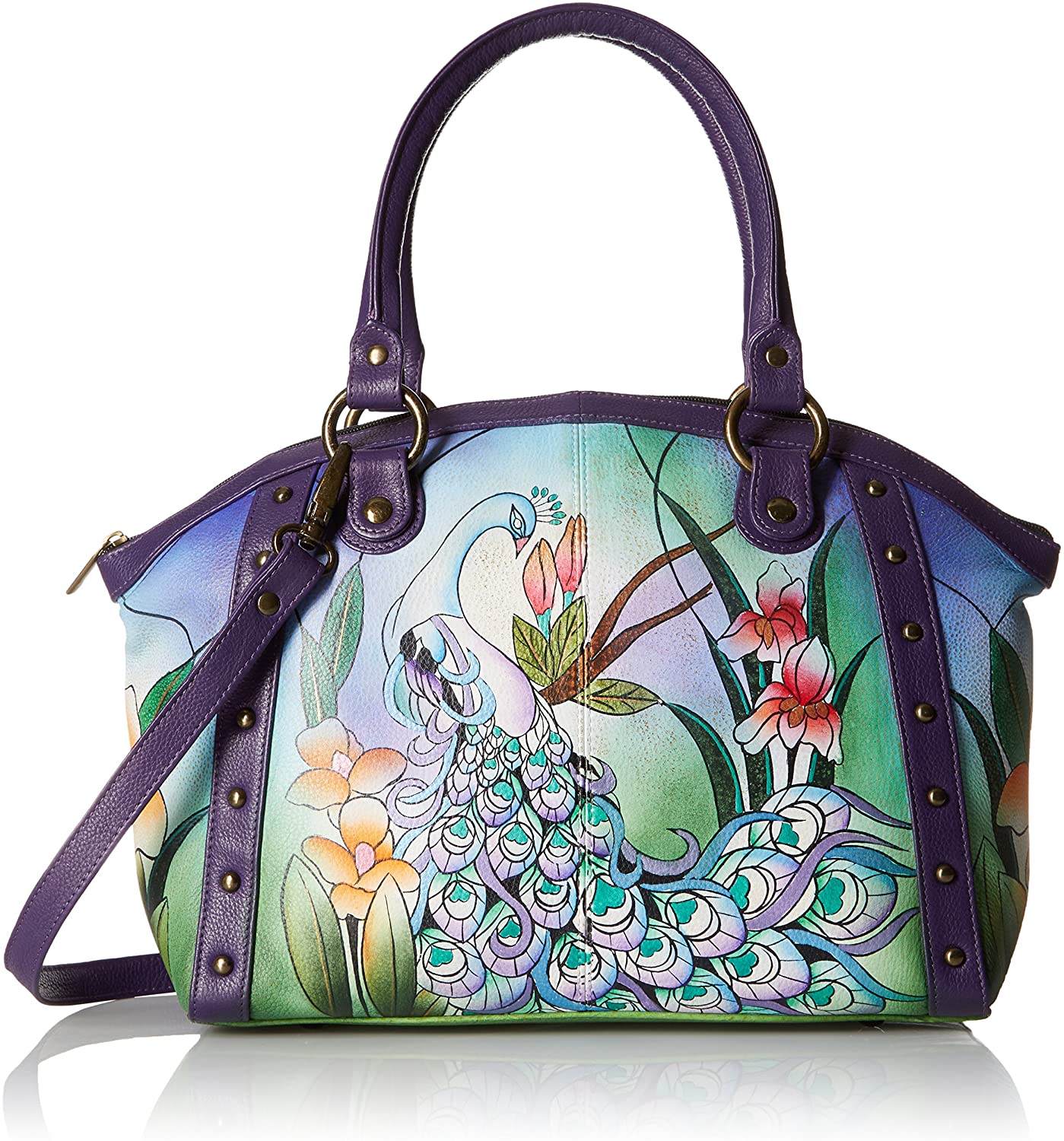 Price:$237.15    Anna by Anuschka Women's Genuine Leather Large Studded Satchel | Zip-Top Organizer | Birds in Paradise Green  Clothing