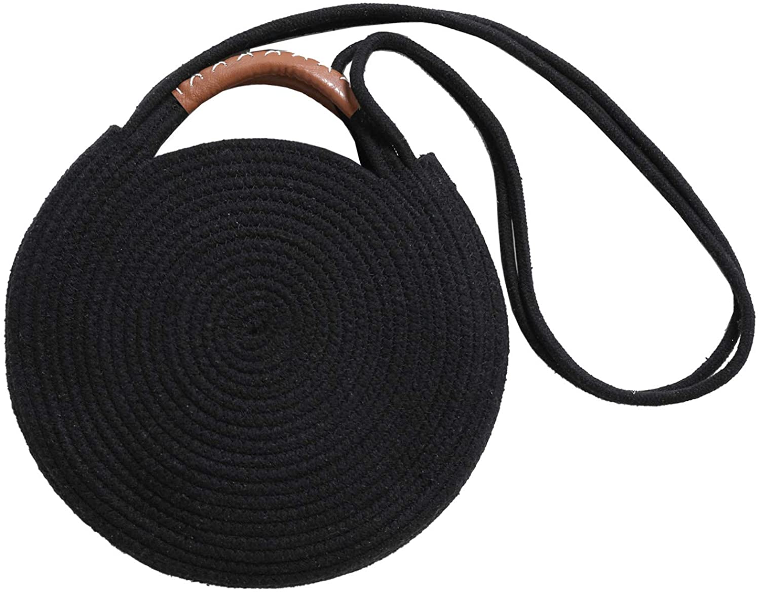 Price:$27.99 Round Cotton Rope Shoulder Bag with Leather Top Handles and Shoulder Strap, Handmade Natural Material Handbag, Ultra Soft, Black  Handbags   