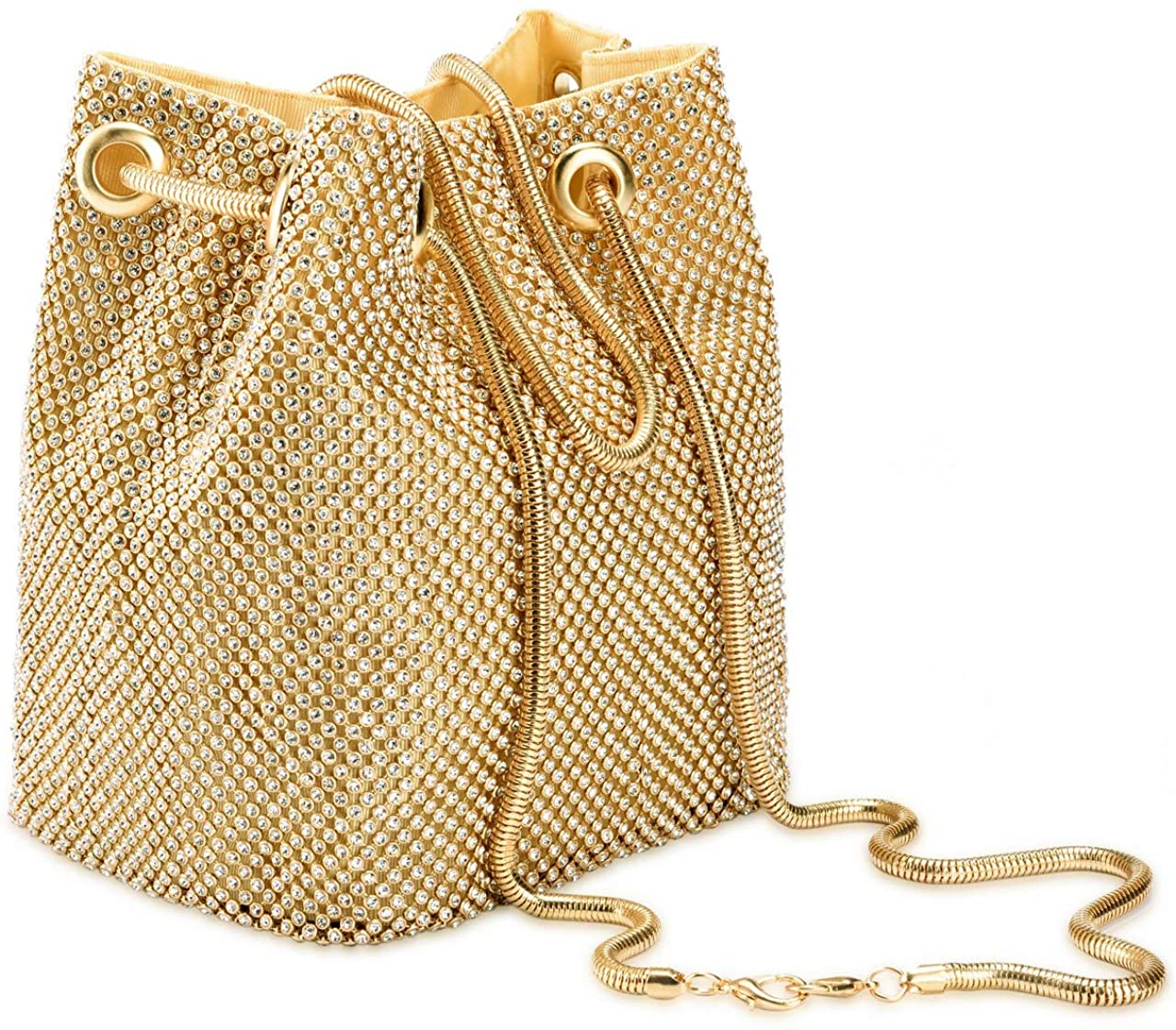 Price:$23.99 Ayliss Women's Full Rhinestones Bucket Bag Mini Crossbody Shoulder Evening Shinny Bling Clutch Purse Bucket Handbag (Gold)  Handbags   