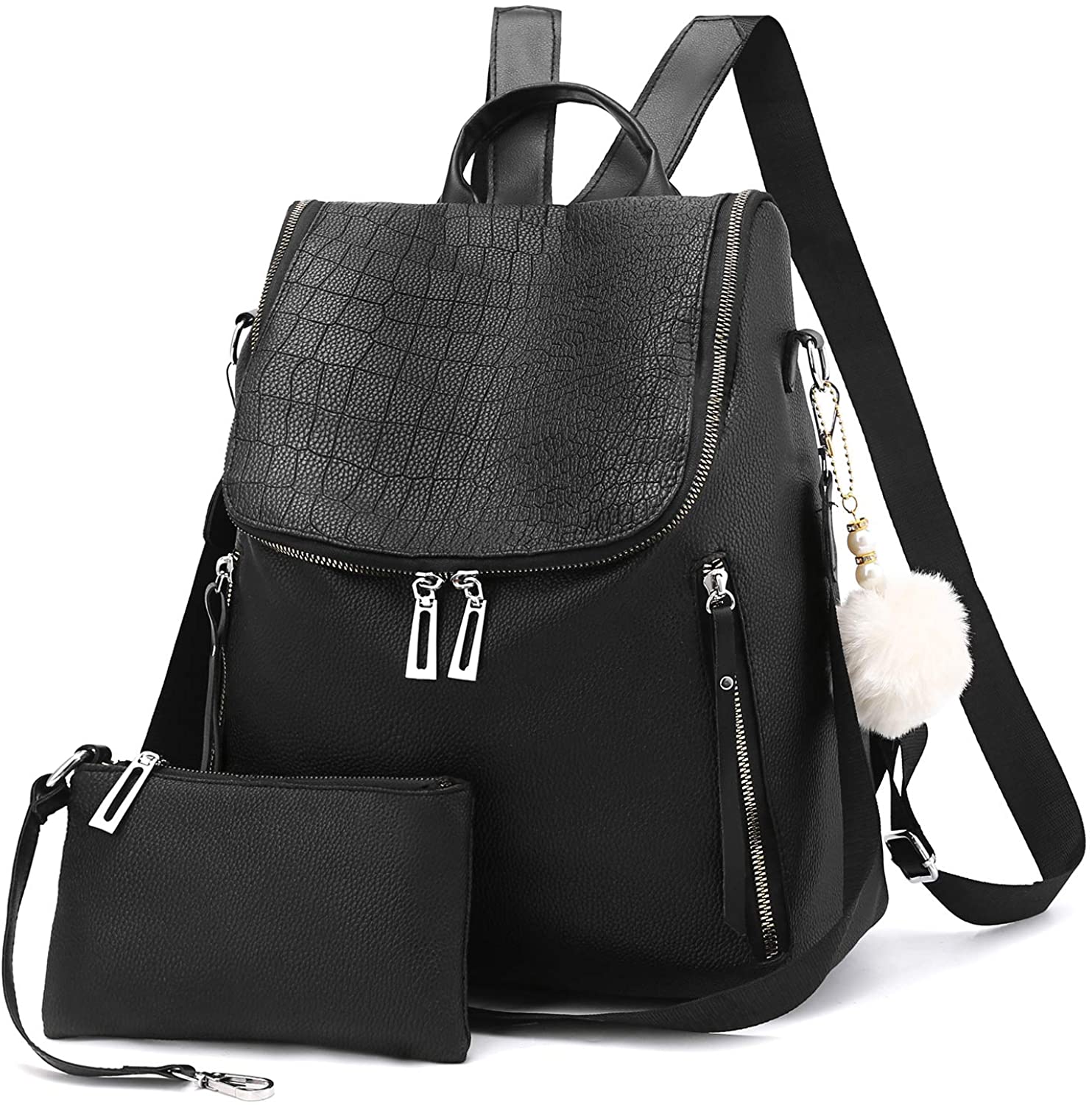 Price:$25.99    Women Backpack Purse Multi-pocket Large Capacity Leather Shoulder Bag 2-PCS Fashion Backpack for Girls Black  Clothing