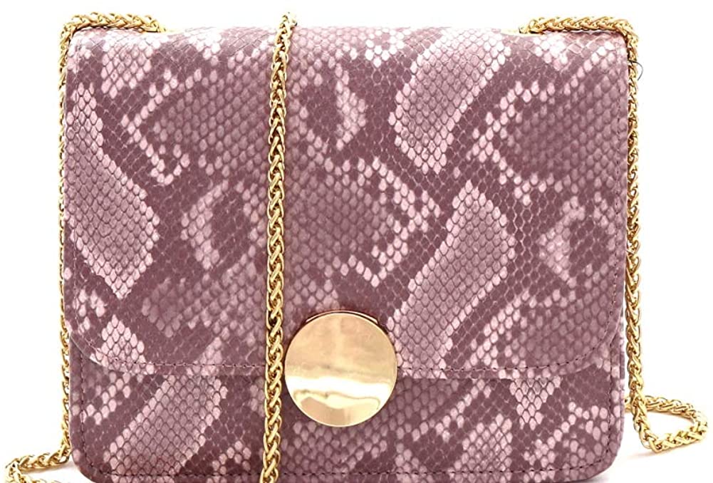 Price:$26.94    Vintage Neon Color Snakeskin Print Twist Lock Flap Small Chain Strap Crossbody Shoulder Bag (Square Style - 1Pink)  Clothing