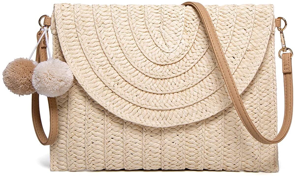 Price:$14.99 Straw Shoulder Bag Straw Clutch Women Hand-woven Straw Crossbody Bag Summer Beach Envelope Purse Wallet Beige  Handbags   