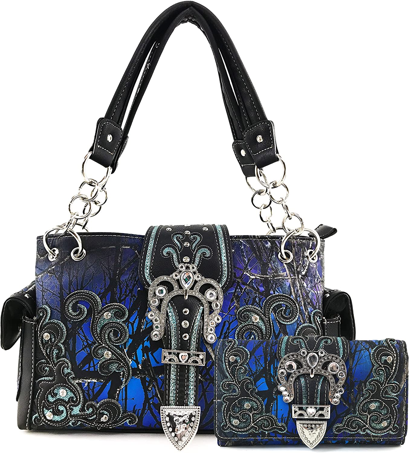 Price:$58.95 Justin West Camouflage Tree Bling Rhinestone Angel Wing Cross Shoulder Concealed Carry Handbag Purse (Blue Handbag Wallet Set)  Handbags   