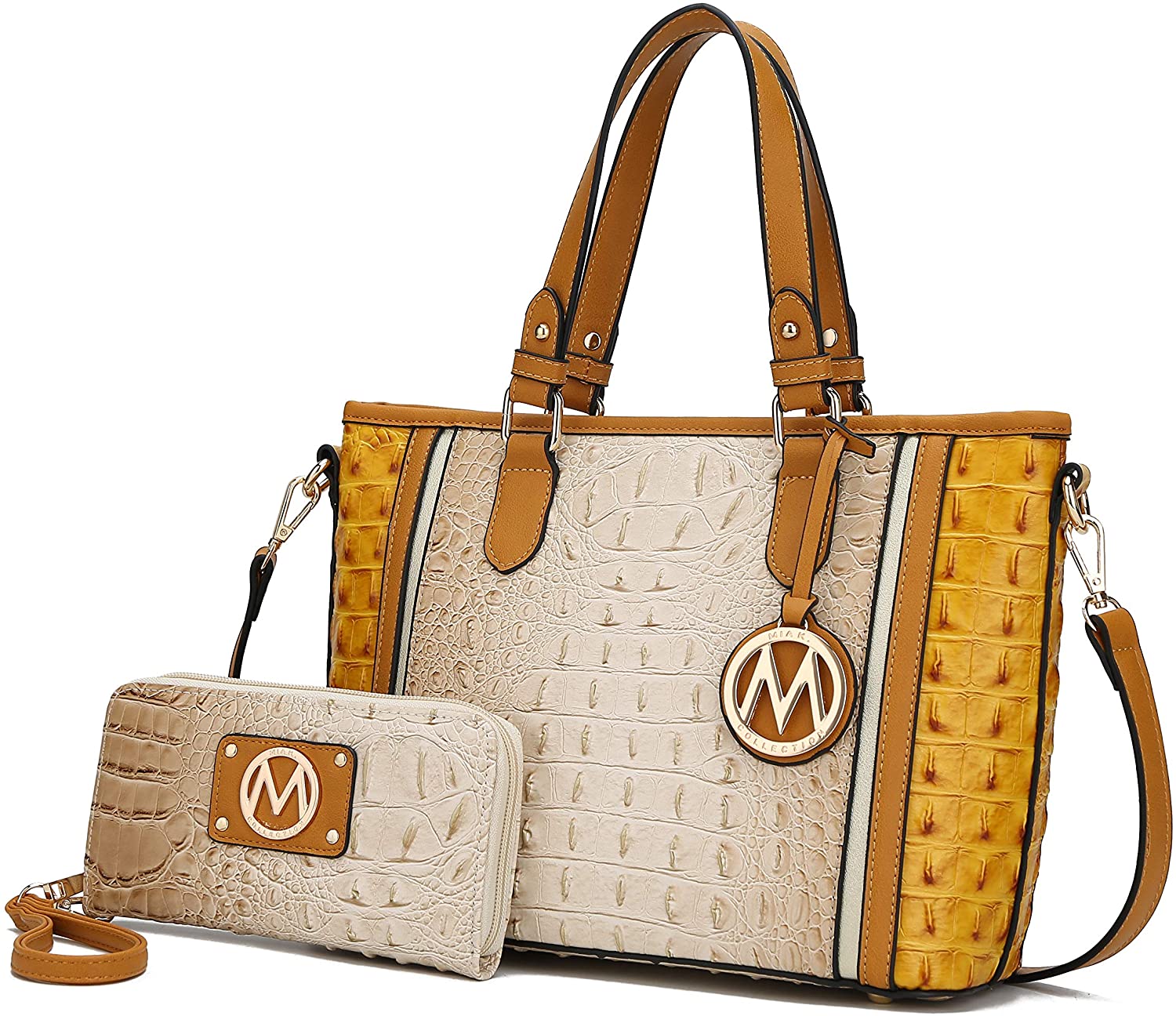 Price:$39.99    MKF Crossbody Tote Bag for Women & Wristlet Wallet Purse Set – PU Leather Top-Handle Satchel Shoulder Handbag Beige Yellow  Clothing