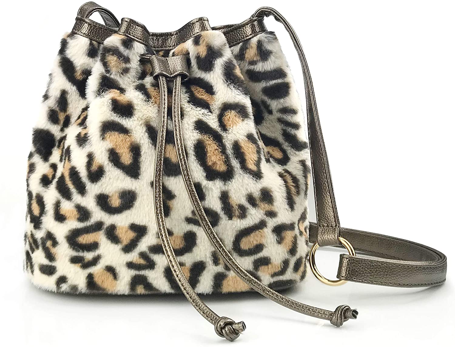 Price:$19.90    Leopard print Faux Fur Bucket Corss body Bag Women Drawstring Shoulder Bag (Brown Leopard)  Clothing