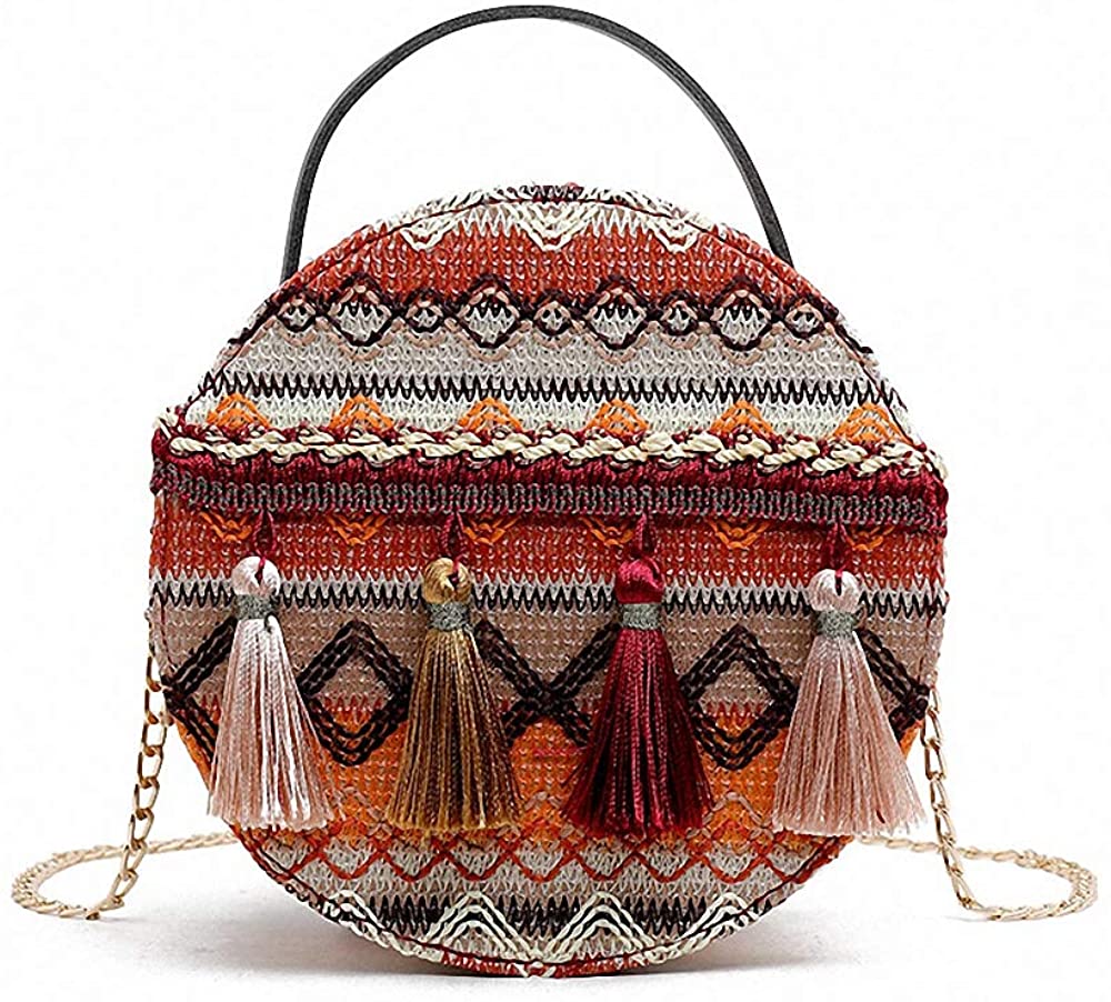 Price:$0.00 ACRUSHON Tassel Nation Woven Crossbody Purse Shoulder Round Bags Handbag for Women Girls.Ethnic Style Exotic Colorful Bag for Summer Beach Travel (Orange)  Handbags   