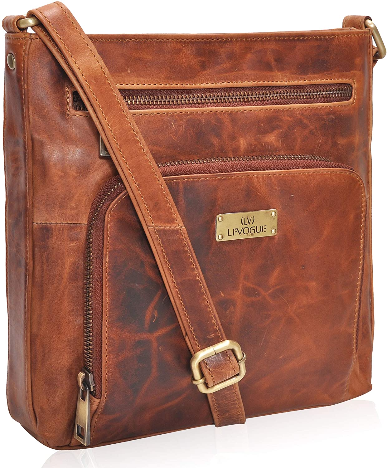 Price:$36.99 Genuine Leather Front Pocket Zipper Crossbody Handbag for Women - Handmade by LEVOGUE (Cognac Vintage)  Handbags   