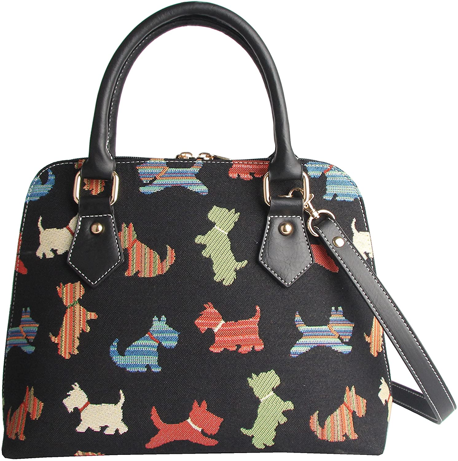 Price:$44.99 Signare Tapestry Handbag Satchel Bag Shoulder bag and Crossbody Bag and Purse for women with Playful Puppy Design (CONV-PUPPY)  Handbags   