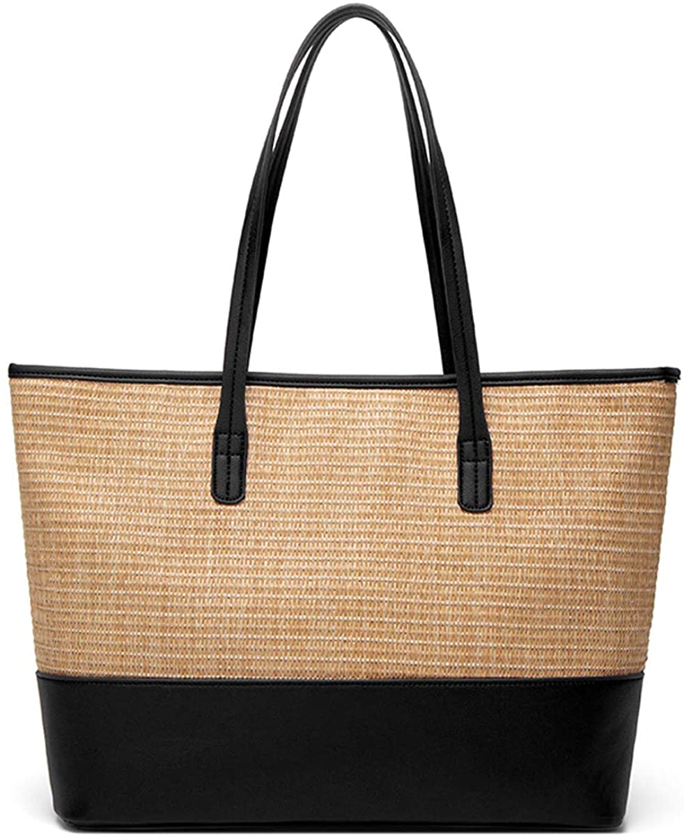 Price:$21.89    Women Straw bag Tote bag for women Portable Straw Shoulder bag Shopping Satchel Summer Beach bag (Black-01)  Clothing