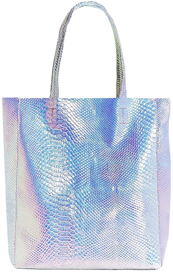 Price:$19.99    Mily Hologram Tote Bag Laser PU Shoulder Bag, Silver Snakeskin, Size One Size  Clothing