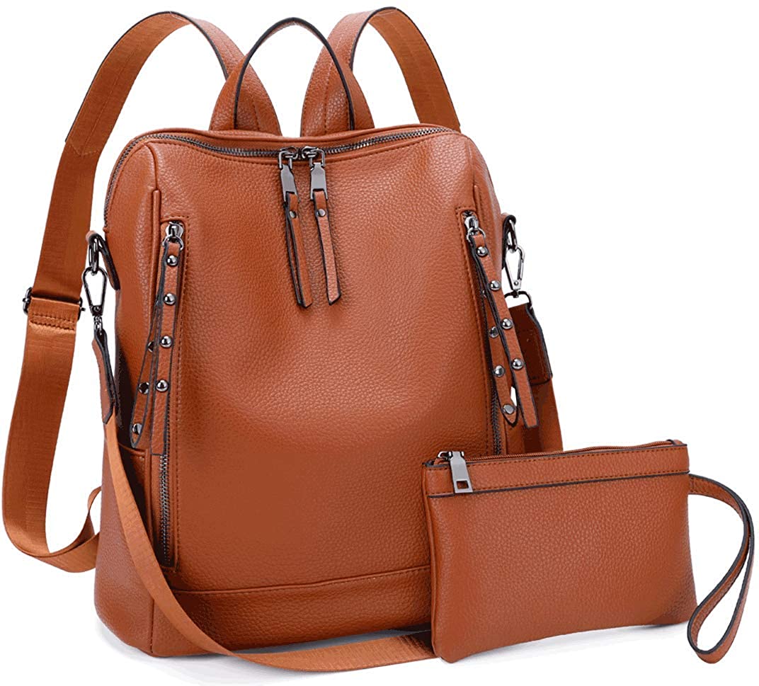 Price:$28.99    MU-BTINA Women Backpack Purse - PU Leather Ladies Rucksack rivets Zipper Pocket Shoulder Bag Convertible backpack purse 2pcs set (Brown)  Clothing