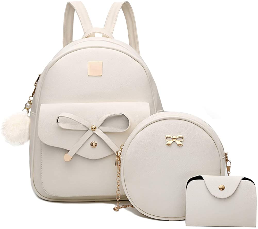 Price:$24.99    Girls Bowknot 3-Pieces Fahsion Leather Backpack Backpack Purse for Women Rucksack for Ladies Shoulder Bag Beige  Clothing