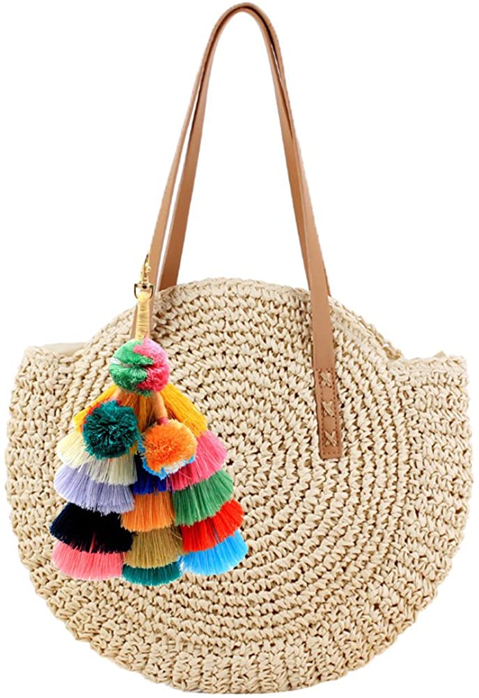 Price:$29.93 Donalworld Women Round Straw Pompom Shoulder Bag Corn Summer Woven Bags Beige  Handbags   