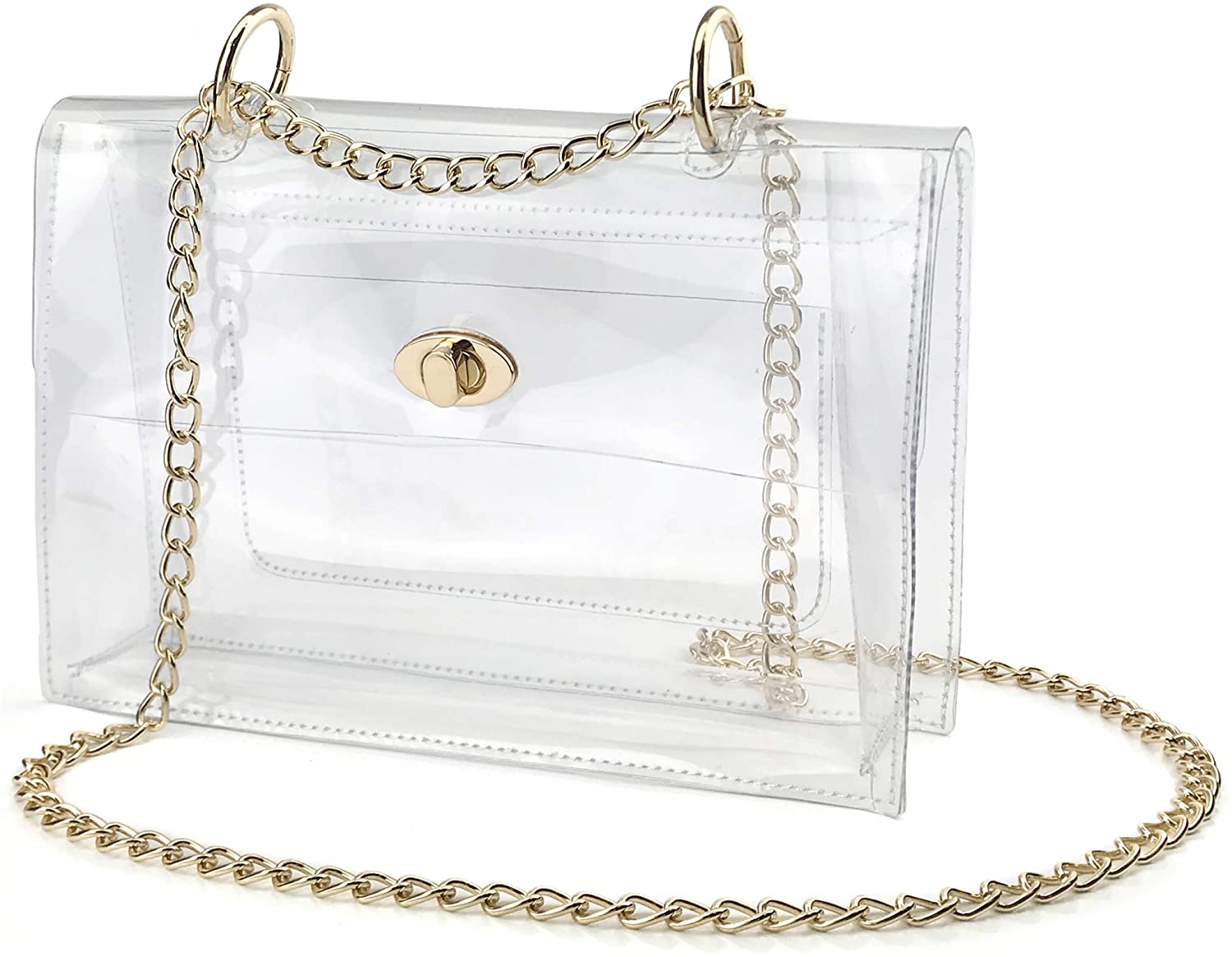 Price:$19.90    Women Clear Flap Top Chain Shoulder Handbag with Turn Lock Minimalist Messenger Purse for Stadium Approved (Clear)  Clothing