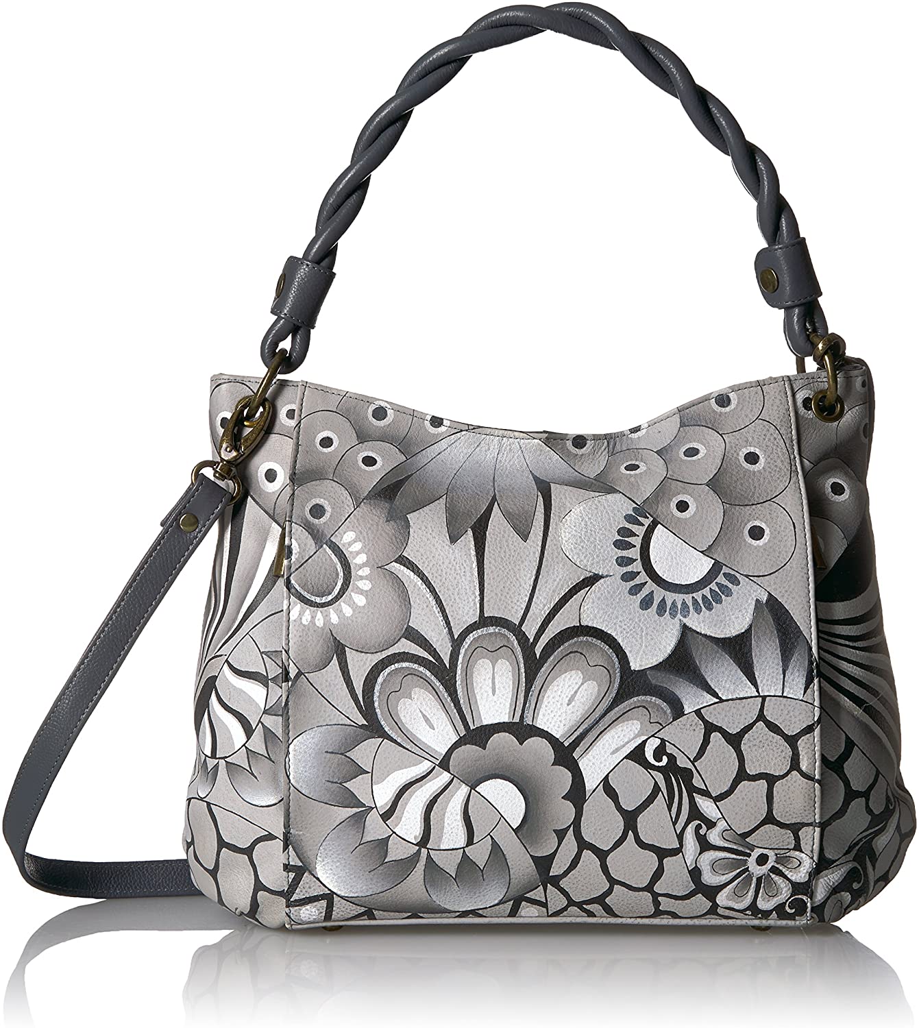 Price:$179.00 Anna by Anuschka Women's Genuine Leather Medium Slim Shoulder Bag| Hand Painted Original Artwork | Patchwork Pewter  Handbags   