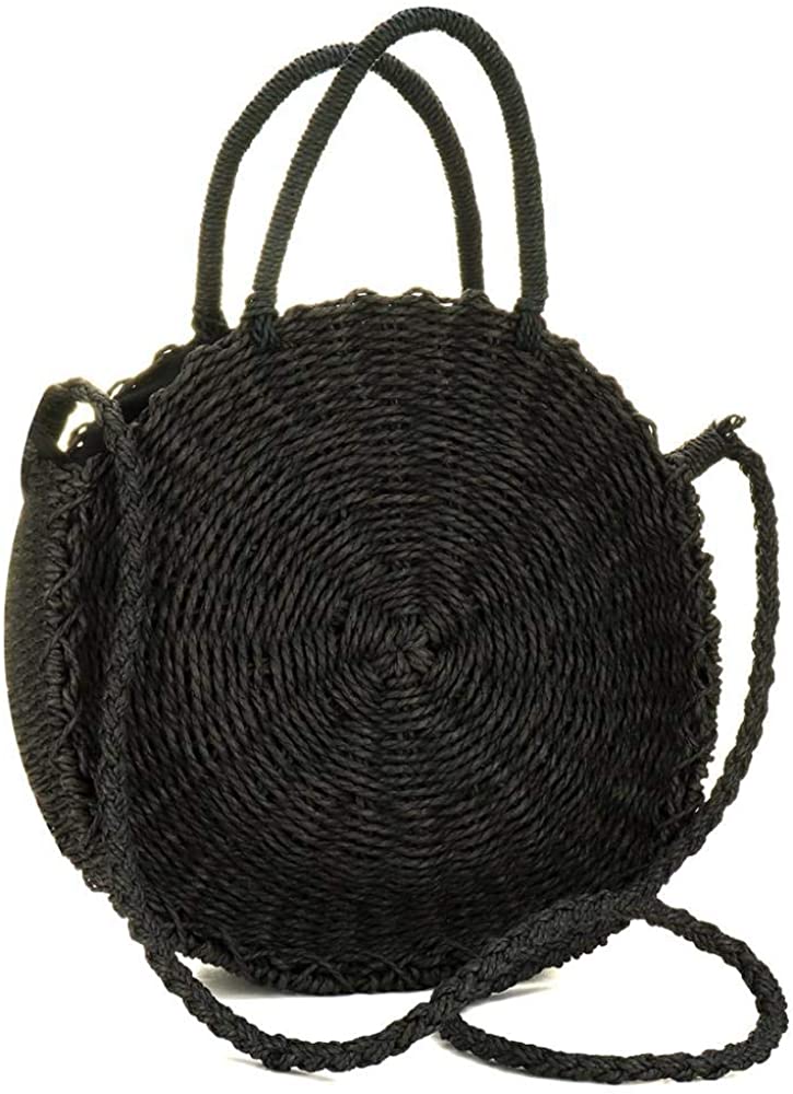 Price:$16.99 Onorner Women Straw Crossbody Bag Weave Shoulder Bag Round Summer Beach Purse Handbags (Black)  Handbags   