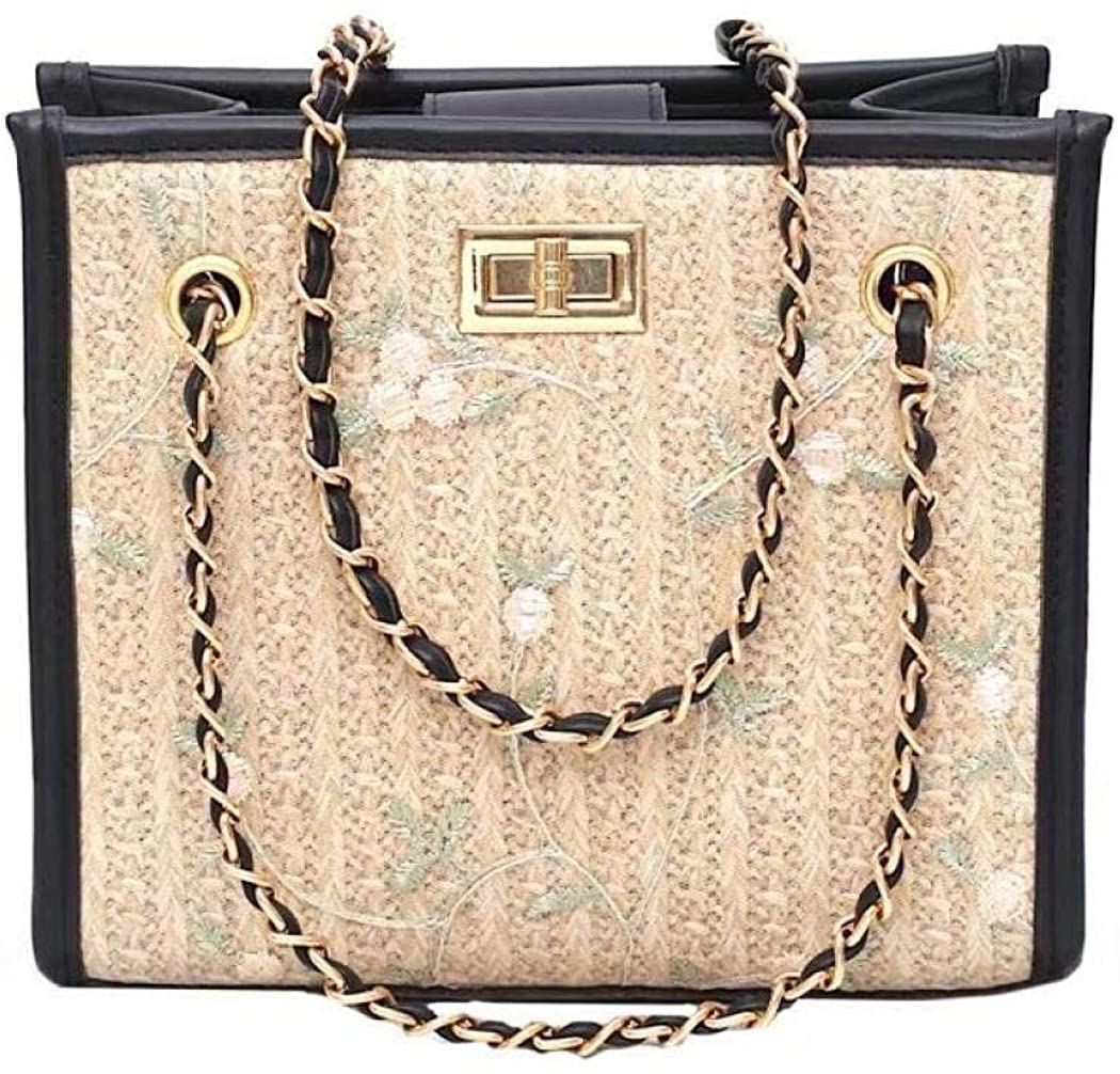 Price:$29.99 Womens Straw Shoulder Bag Beach Top Handle Bags Elegant Crossbody Bag with Floral Embroidery Mesh Lace (Black)  Handbags   
