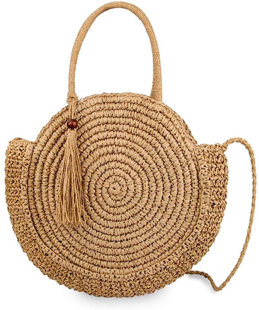 Price:$22.99    Women’s Hand Woven Straw Tote Bag Fashion Round Summer Beach Bags Large Shoulder Handbag Purse (Brown-A)  Clothing