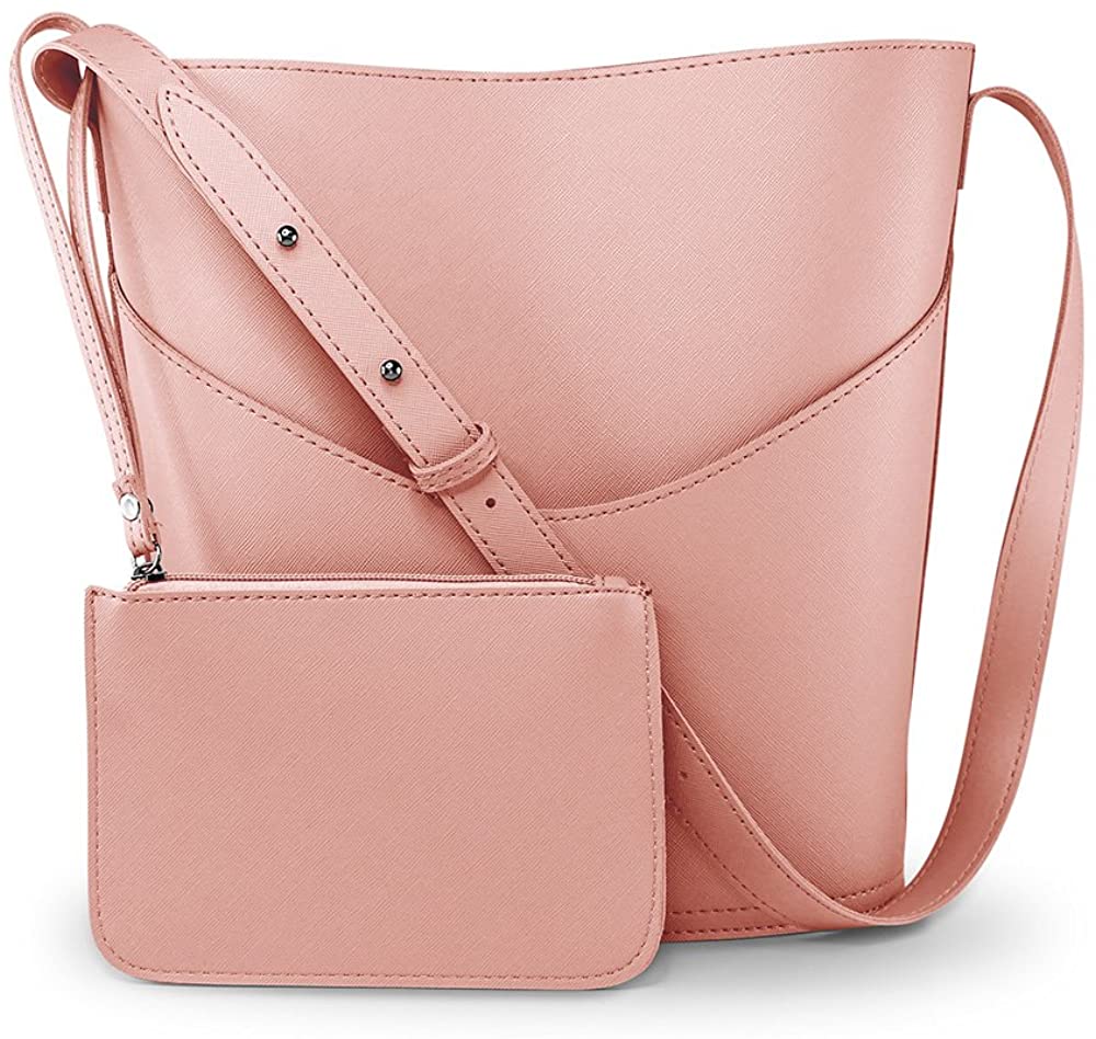Price:$17.99    Oct17 Women Faux Leather Bucket Tote Shoulder Bag Fashion Ladies Handbag Purse with Small Bag - Pink  Clothing