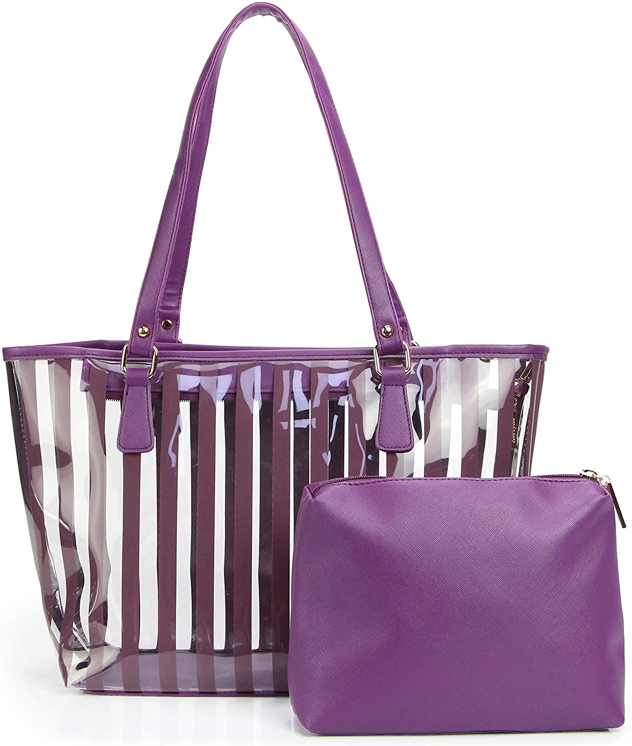 Price:$19.99 2 in 1 Semi Clear Purse Beach Tote Bags Large Work Shoulder Bag with Interior Pouch (Purple)  Handbags   