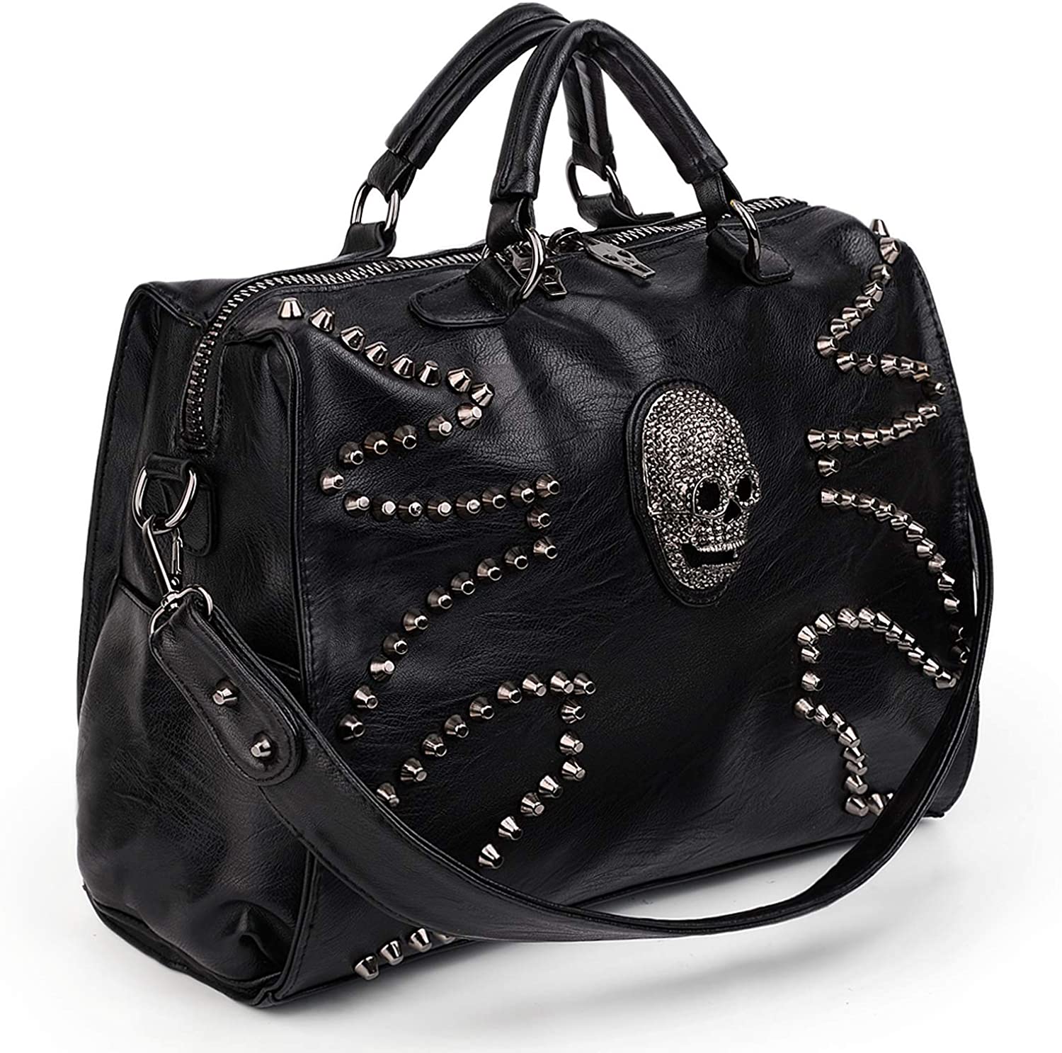 Price:$49.99    UTO Women Skull Tote Bag Rivet Studded Handbag PU Leather Purse Shoulder Bags  Clothing