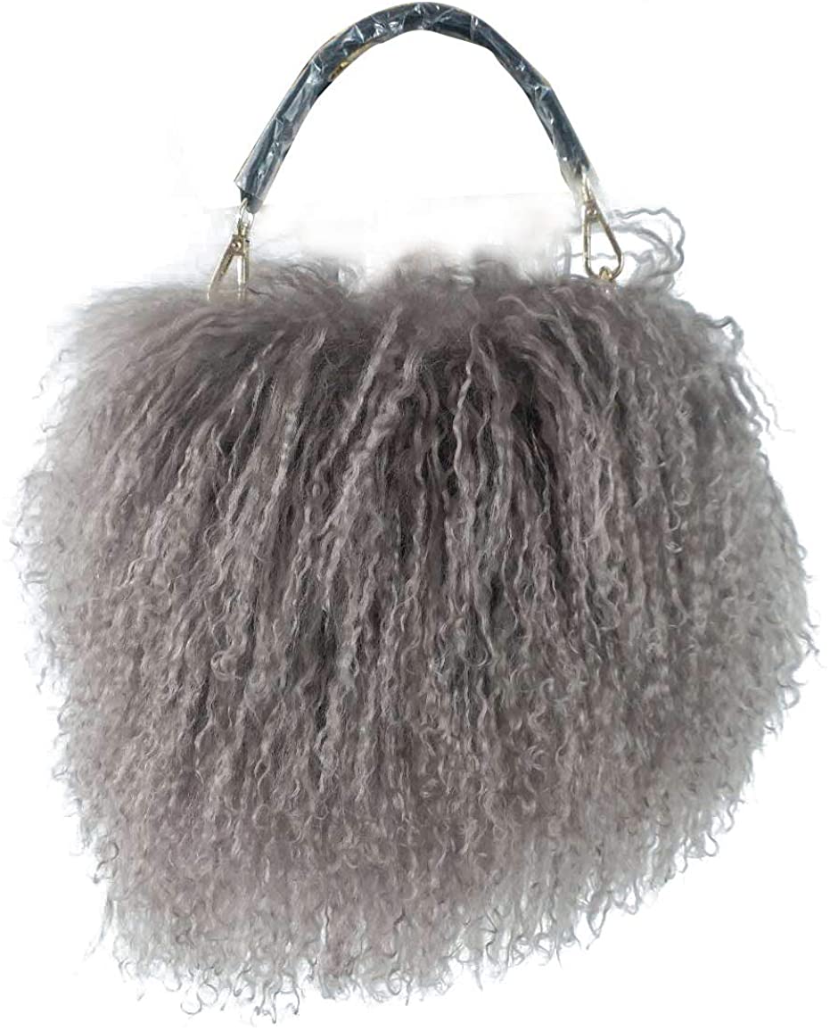 Price:$36.99 ZAKIA Womens Mongolian Lamb Fur Handbag Goat Clutch Shoulder Bags Purse with Chain (Gray)  Handbags   