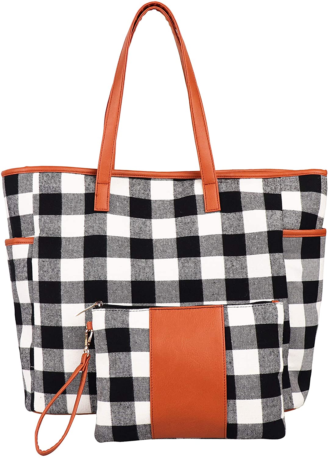Price:$29.99    KraftyChix 2Pcs Buffalo Plaid Check Tote and Wristlet Set Personalized Check Tote Bag Handbag,Shoulder Bag for Women (Black Grid)  Clothing