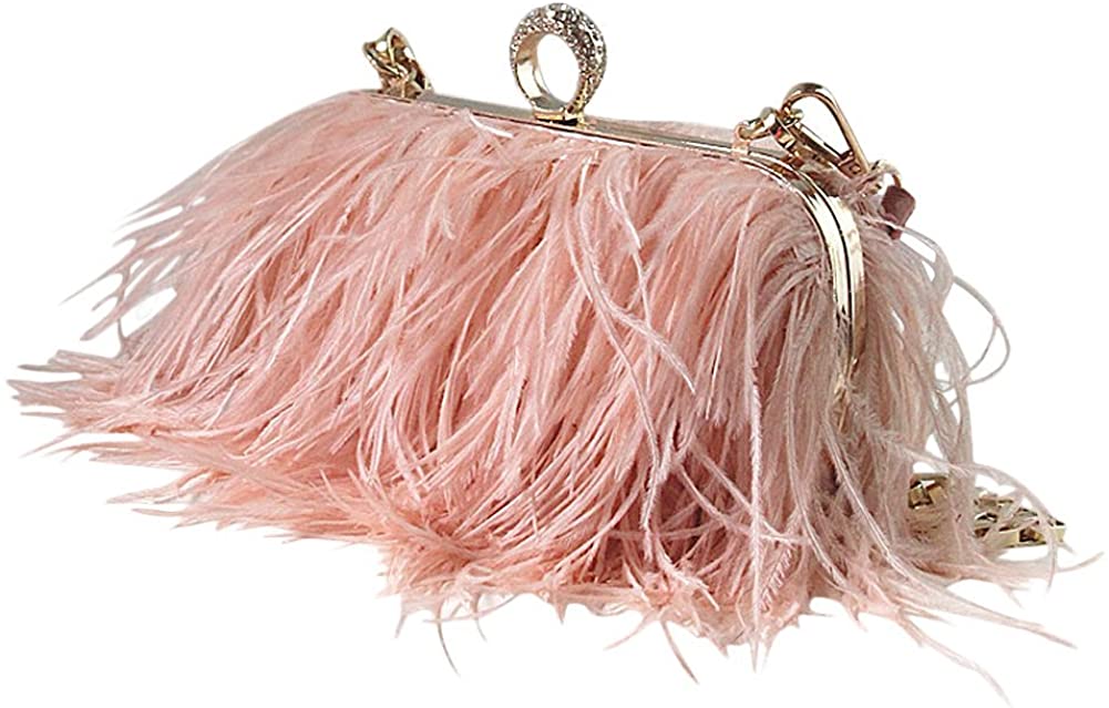 Price:$48.99 Zakia Real Natural Ostrich Feather Evening Clutch Shoulder Bag Party Bag (Pink)  Handbags   