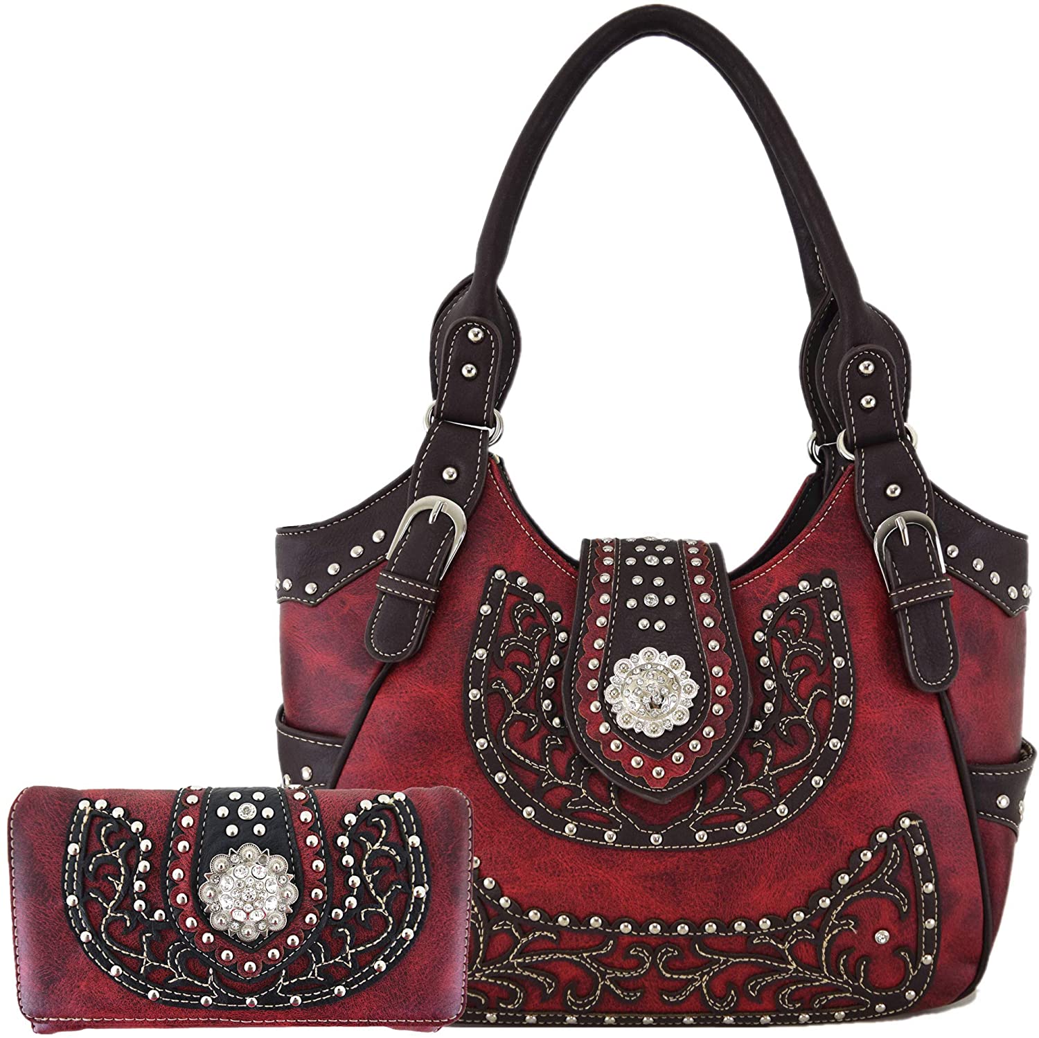 Price:$62.95 Western Style Rhinestone Concho West Concealed Carry Purse Country Handbag Women Shoulder Bag Wallet Set (#2 Red Set)  Handbags   