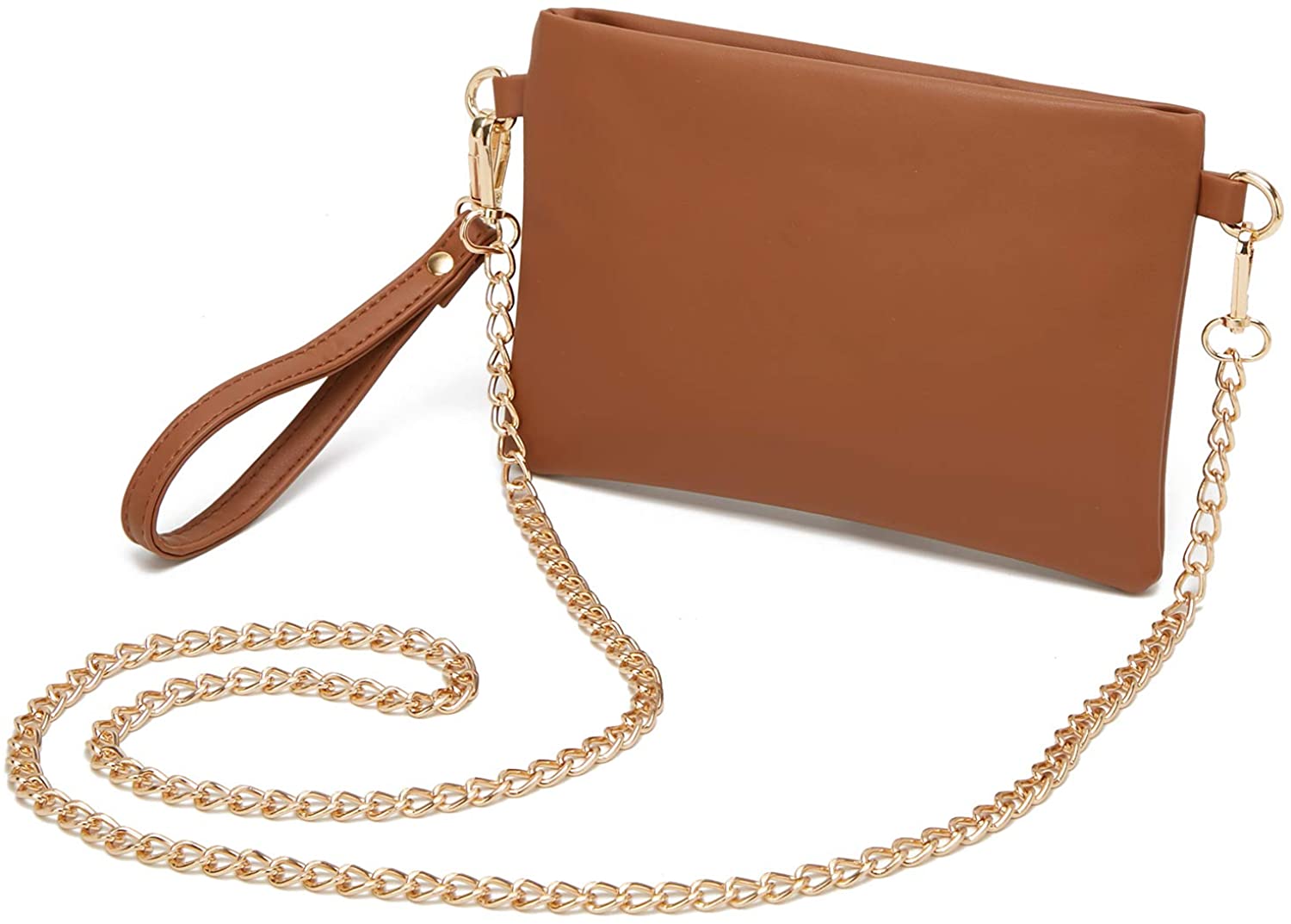 Price:$11.99 Forestfish PU Leather Wristlet Clutch Purse Crossbody Shoulder Bag Evening Bags with Chain Wristlet Strap for Women Girls, Brown  Handbags   