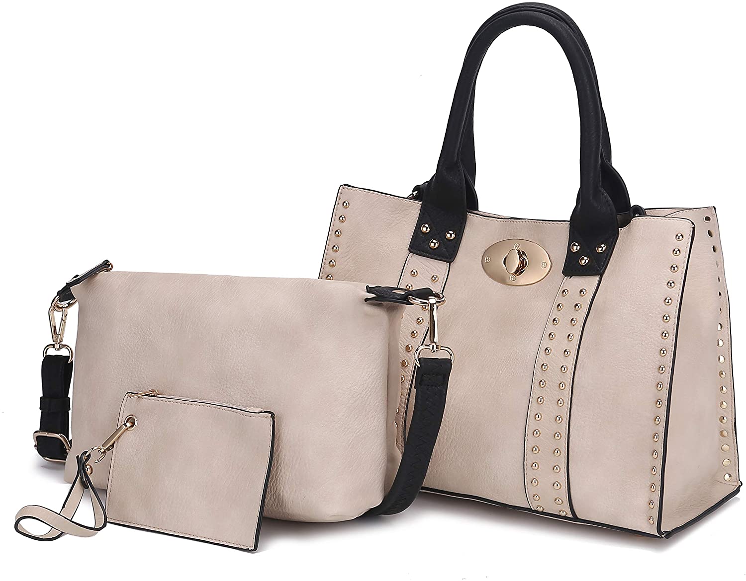 Price:$43.99    Mia K Collection 3-PC Set, Studded Tote Bag for Women, Pouch Handbag, Wristlet Purse, Crossbody Shoulder Strap PU Leather Beige  Clothing